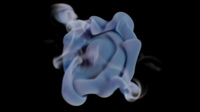 A jet of pale blue smoke in weightlessness randomly changes shape against a black background.