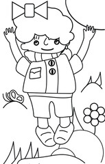 Jumping girl. Funny coloring page for children.