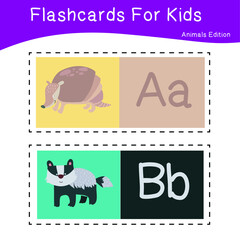 Vector set of flashcards for kids with cute animal themes. Alphabet for kid education. Learn letters with funny zoo animals for kids. Childish Vector ABC Poster for Preschool Education.