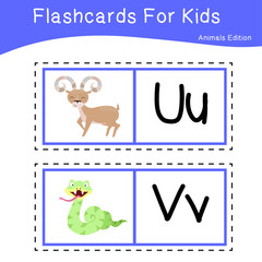 Vector set of flashcards for kids with cute animal themes. Alphabet for kid education. Learn letters with funny zoo animals for kids. Childish Vector ABC Poster for Preschool Education.