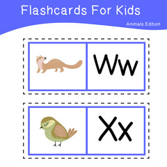 Vector set of flashcards for kids with cute animal themes. Alphabet for kid education. Learn letters with funny zoo animals for kids. Childish Vector ABC Poster for Preschool Education.