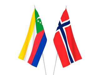 National fabric flags of Norway and Union of the Comoros isolated on white background. 3d rendering illustration.