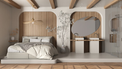 Modern creative white and wooden bedroom with bathroom, open space with parquet and concrete floor. Roof beams, large shower, sink, mirror, potted tree. Spa suite interior design idea