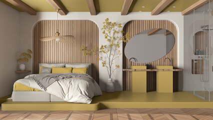 Modern creative yellow and wooden bedroom with bathroom, open space with parquet and concrete floor. Roof beams, large shower, sink, mirror, potted tree. Spa suite interior design