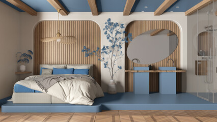 Modern creative blue and wooden bedroom with bathroom, open space with parquet and concrete floor. Roof beams, large shower, sink, mirror, potted tree. Spa suite interior design idea