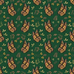 Seamless pattern with butterflies on a green  background