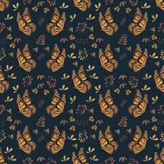 Seamless pattern with butterflies and various plants