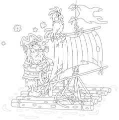 Fototapeta na wymiar Lonely sea rover floating on a wooden raft with a steering wheel, a shabby sail and a tattered flag after shipwreck, black and white vector cartoon illustration for a coloring book