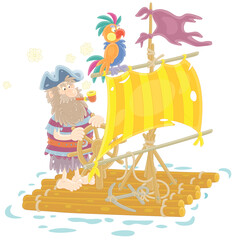 Fototapeta premium Lonely sea rover floating on a wooden raft with a steering wheel, a shabby sail and a tattered flag after shipwreck, vector cartoon illustration isolated on a white background