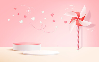 Valentine's day banner template with 3D hearts, shining lights and podium. Vector illustration