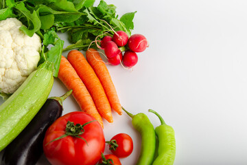 Isolated group of winter season vegetables over white flat lay view. Includes copy space.