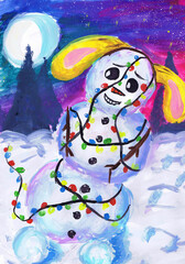 Cheerful hare-snowman in a festive garland. Children's drawing