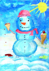 A snowman keeps ice cream on a sunny winter day. Children's drawing