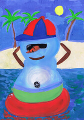 Obraz na płótnie Canvas A snowman in a cap rests on a tropical island. Children's drawing