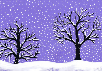 Trees in the snow. Winter landscape. Children's drawing