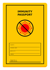 Immunity passport, vaccine certificate, vaccination record, black letters and red virus on yellow background, vector