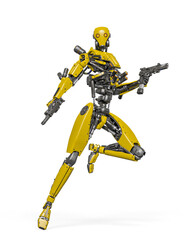 droid soldier is standing up like a super hero in action and holding a pistol