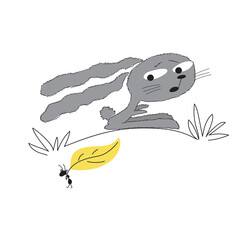 Llittle bunny trembles with fear at the sight of a moving leaf. Funny vector illustration for children's prints