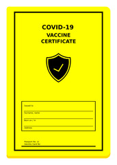 Vaccine certificate, vaccination record, black letters on yellow background, vector