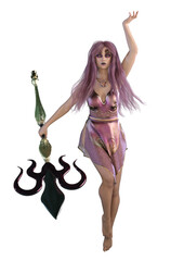 A 3d digital render of a a woman with pink hair and dress holding a fantasy staff and flying in the air with magic.