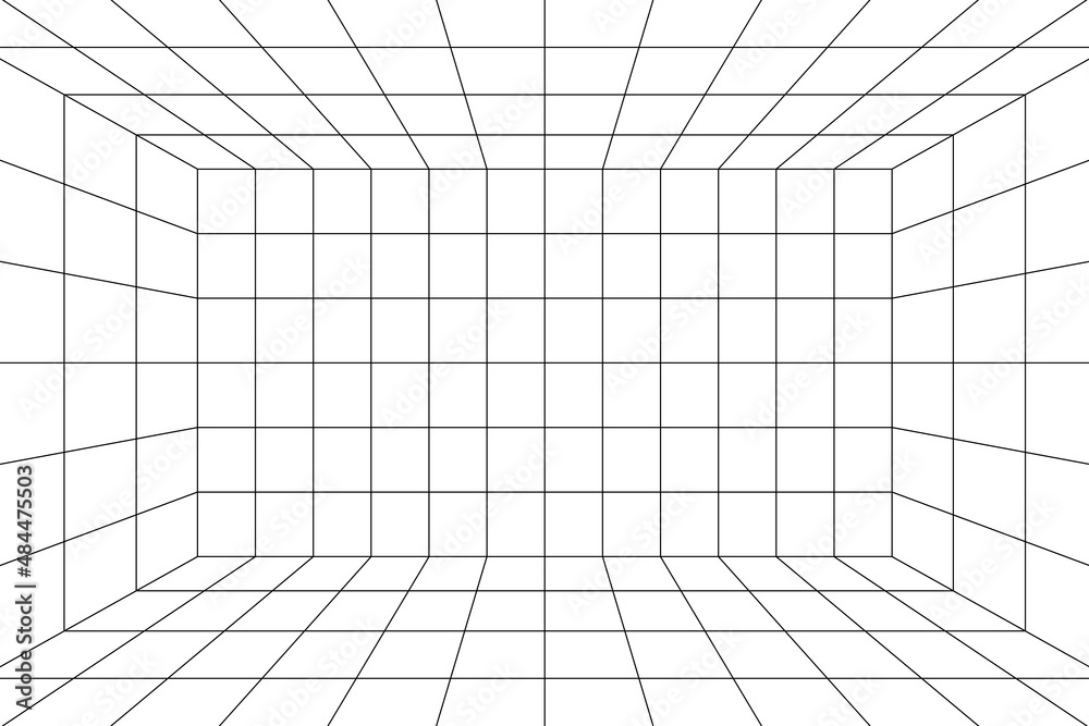 Wall mural 3d room grid with one point perspective. white empty geometric cyberspace studio background. virtual