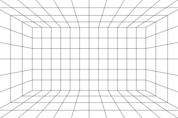 3D room grid with one point perspective. White empty geometric cyberspace studio background. Virtual three dimension scene. Easy guide architecture template