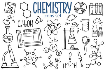Chemistry symbols icon set. Science subject doodle design. Education and study concept. Back to school sketchy background for notebook, not pad, sketchbook. Hand drawn illustration. - 484475506