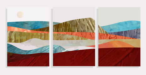 mountain landscape with natural paints texture vector background set