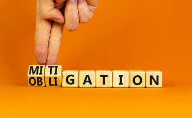 Obligation and mitigation symbol. Businessman turns wooden cubes changes the concept word...