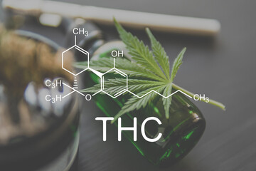 THC chemical formula. Cannabis with the tetrahydrocannabinol molecule.