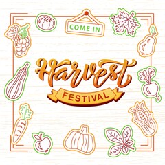 Handdrawn vector illustration with golden lettering on textured background Harvest Festival for event, festival, picnic, invitation, celebration, card, print, poster, banner, decor, wall art, template