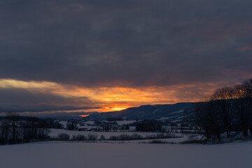 Fototapeta na wymiar sunrise above the Totenåsen Hills, Norway, in winter