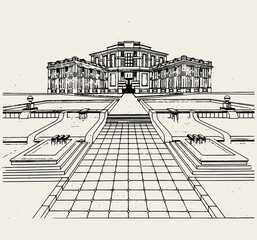 Vector  hand drawn  minimalistic  illustration of historical building with fountains. Creative hand sketched artwork . Template for card, poster, banner, print for t-shirt, pin, badge, patch.