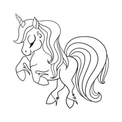 Cute cartoon unicorn for coloring book pages isolated icon. Vector illustration for children.