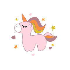 Pink a unicorn with a colored mane and tail with golden stars and hearts on a white background. Digital vector illustration in doodle cartoon style. For a t-shirt bag notebook sticker phone case.