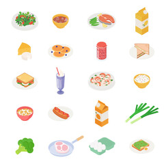 Food, meal, vegetable, fruit, meat, drink, cooking set. Isometric vector illustration in flat design.

