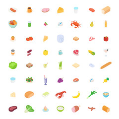 Food, meal, vegetable, fruit, meat, drink, cooking set. Isometric vector illustration in flat design.
