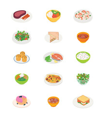 Food, meal, vegetable, soup, meat, fish, dessert, cooking set. Isometric vector illustration in flat design.

