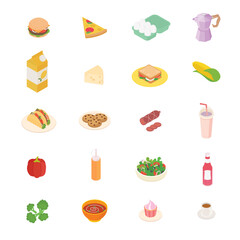 Food, meal, vegetable, fruit, meat, drink, cooking set. Isometric vector illustration in flat design.
