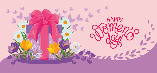 Fototapeta na wymiar Happy women's day banner with festive gift box, bow and blooming spring flowers crocuses and narcissus. Handwritten inscription. Background, flyer, invitation, advertising, promo