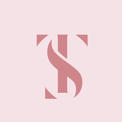 TS monogram logo.Typographic signature icon.Letter t and letter s.Lettering sign isolated on light fund.Wedding, fashion, beauty serif alphabet initials.Elegant, luxury style.Pink color.	 - obrazy, fototapety, plakaty