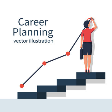 Career planning. Businesswoman draws graph of growth standing at stairs steps. Concept of career growth. Vector illustration flat design. Isolated on background.