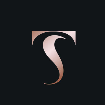 TS monogram logo.Typographic signature icon.Letter t and letter s.Lettering sign isolated on dark fund.Wedding, fashion, beauty serif alphabet initials.Elegant, luxury style.Rose gold color.
