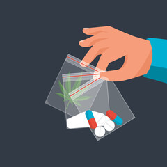 Drug Trade. Drug deal. The dealer holds the dose in package. Tablets, cocaine and marijuana. Abuse and addiction. Vector illustration flat design. Isolated on background. - obrazy, fototapety, plakaty
