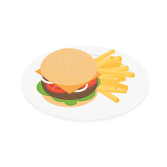 Burger, hamburger, cheeseburger, fries - Isometric vector illustration in flat design.
