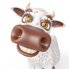 cereal cow is happy and smiling in white background close up view