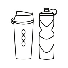 Sports fitness drink in bottle. Sports water bottles for beverage water or protein cocktails. Drinks for fitness. Linear vector illustration on white background. Doodle.