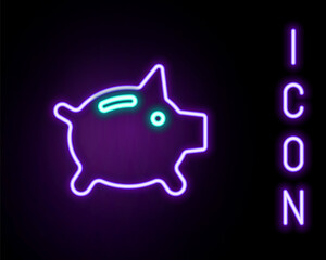 Fototapeta premium Glowing neon line Piggy bank icon isolated on black background. Icon saving or accumulation of money, investment. Colorful outline concept. Vector