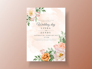 Beautiful wedding invitation card with elegant flower and leaves watercolor