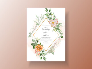 Beautiful wedding invitation card with elegant flower and leaves watercolor